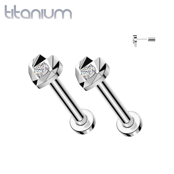 Pair of Implant Grade Titanium White CZ Ridged Cut Heart Push In Threadless Earring Studs Flat Back
