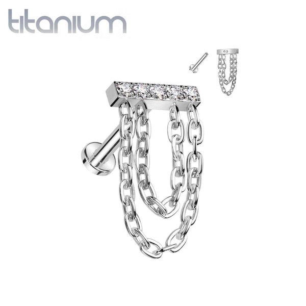 Implant Grade Titanium White CZ Studded Bar Chain Dangle Flat Back Labret - Pierced Universe