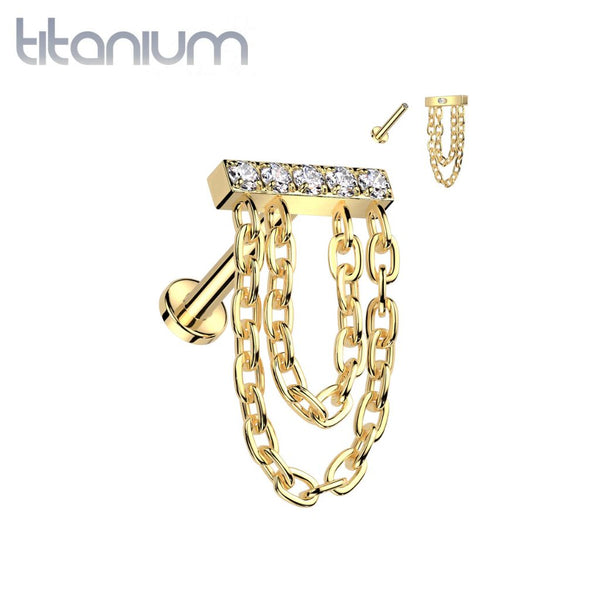 Implant Grade Titanium Gold PVD White CZ Studded Bar Chain Dangle Flat Back Labret - Pierced Universe