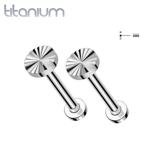 Pair of Implant Grade Titanium Ridged Circle Push In Threadless Earring Studs with Flat Back
