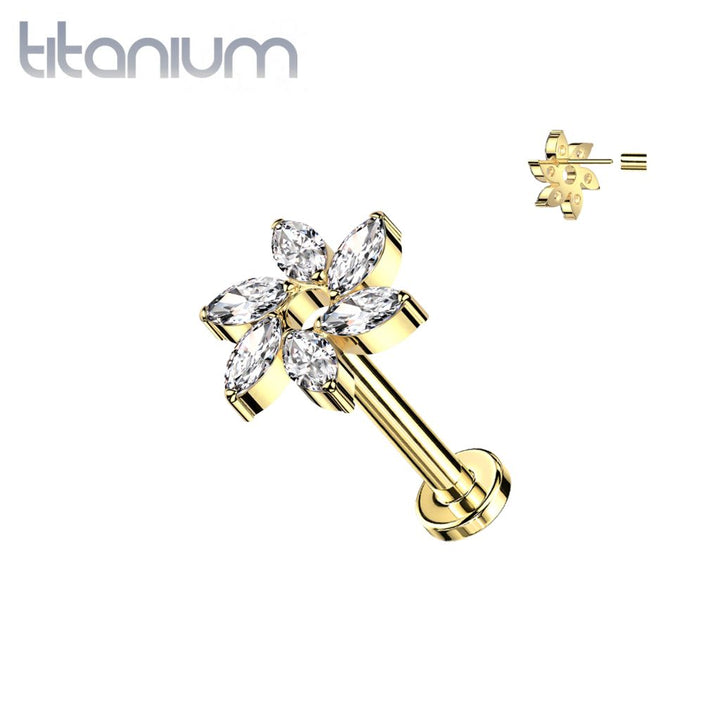 Implant Grade Titanium Gold PVD White CZ Marquise Flower Threadless Push In Labret - Pierced Universe