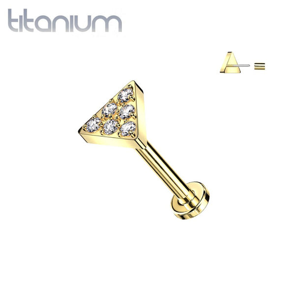 Implant Grade Titanium Gold PVD White CZ Pave Triangle Threadless Push In Labret - Pierced Universe