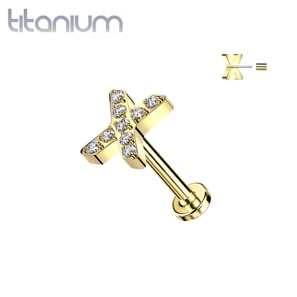 Implant Grade Titanium Gold PVD White CZ Pave "X" Threadless Push In Labret - Pierced Universe