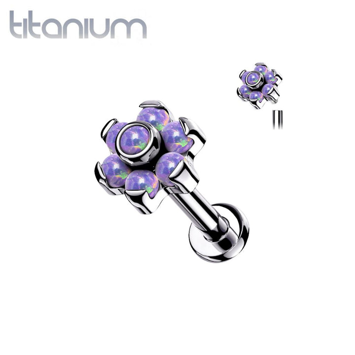 Implant Grade Titanium Purple Opal Flower Internally Threaded Flat Back Labret - Pierced Universe