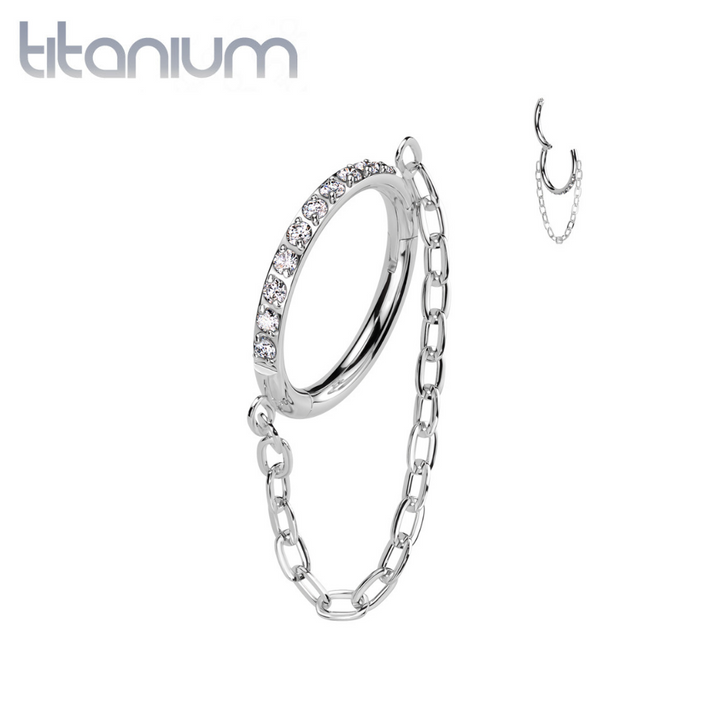 Implant Grade Titanium White CZ Pave Chain Dangle Hinged Clicked Hoop - Pierced Universe