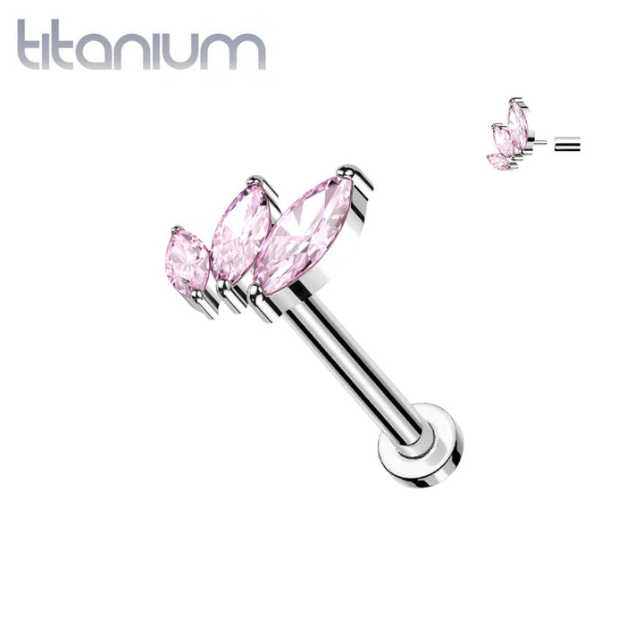 Implant Grade Titanium Pink Triple Marquise CZ Curved Threadless Push In Labret - Pierced Universe