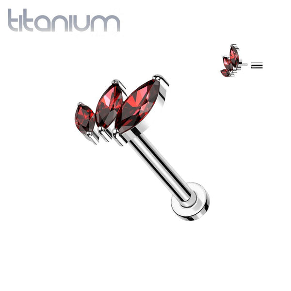 Implant Grade Titanium Red Triple Marquise CZ Curved Threadless Push In Labret - Pierced Universe