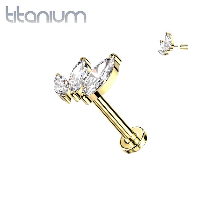 Implant Grade Titanium Gold PVD Triple Marquise CZ Curved Threadless Push In Labret - Pierced Universe