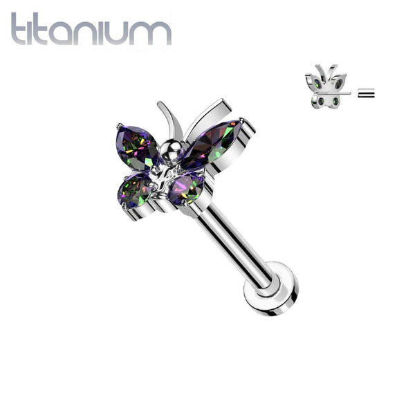 Implant Grade Titanium Large White CZ Gem Butterfly Threadless Push In Labret