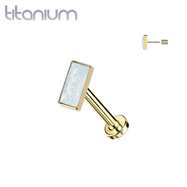 Implant Grade Titanium Gold PVD White Opal Rectangle Threadless Push In Labret