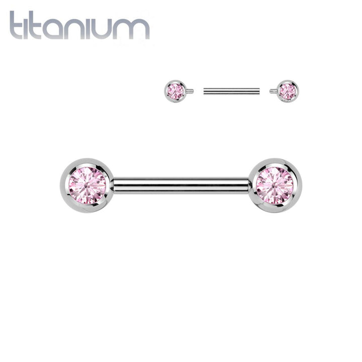 Titanium Internally Threaded Pink CZ Ball Gem Nipple Ring - Pierced Universe