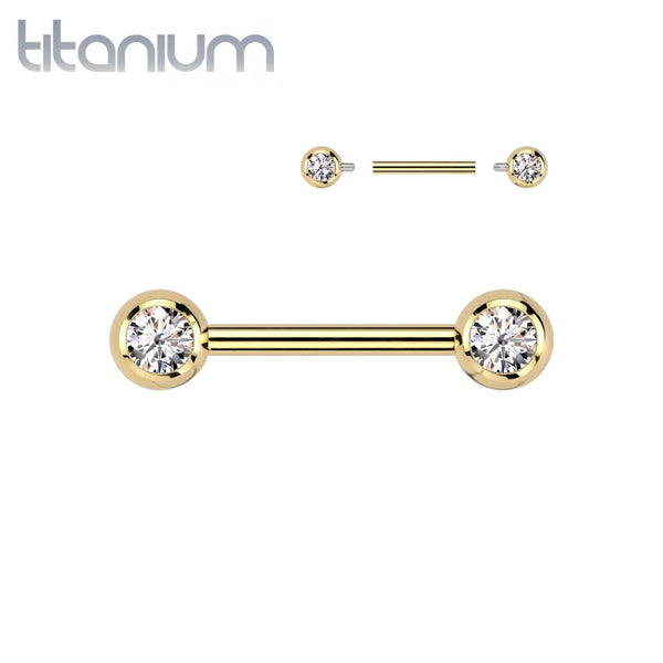 Titanium Internally Threaded Gold PVD White CZ Ball Gem Nipple Ring - Pierced Universe