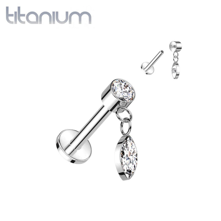 Implant Grade Titanium White CZ Marquise Gem Dangle Flat Back Labret - Pierced Universe