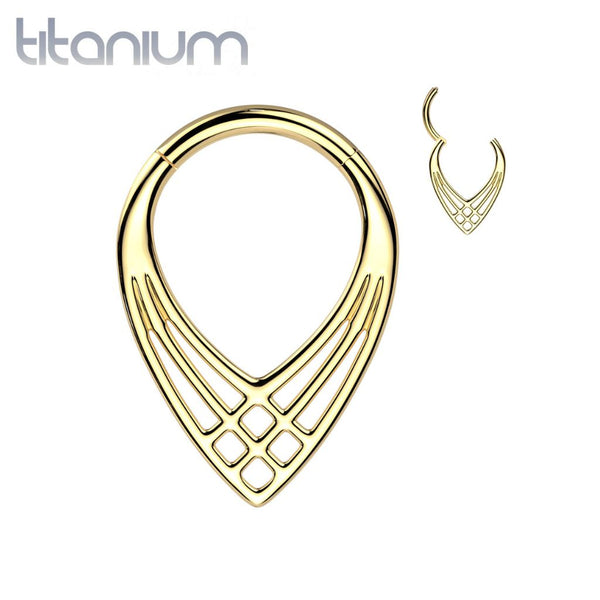 Implant Grade Titanium Gold PVD Art Deco Cross Weave V Shaped Septum Ring Clicker Hoop - Pierced Universe