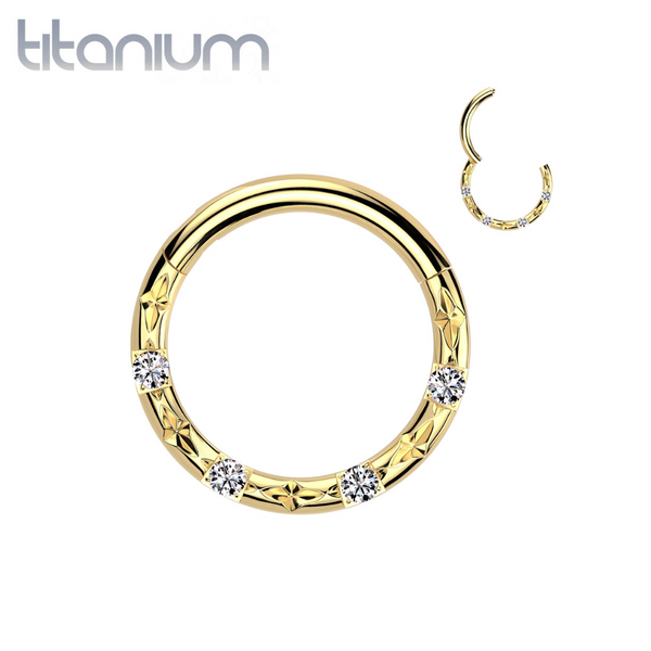 Implant Grade Titanium Gold PVD White CZ Studded Hinged Clicker Hoop - Pierced Universe