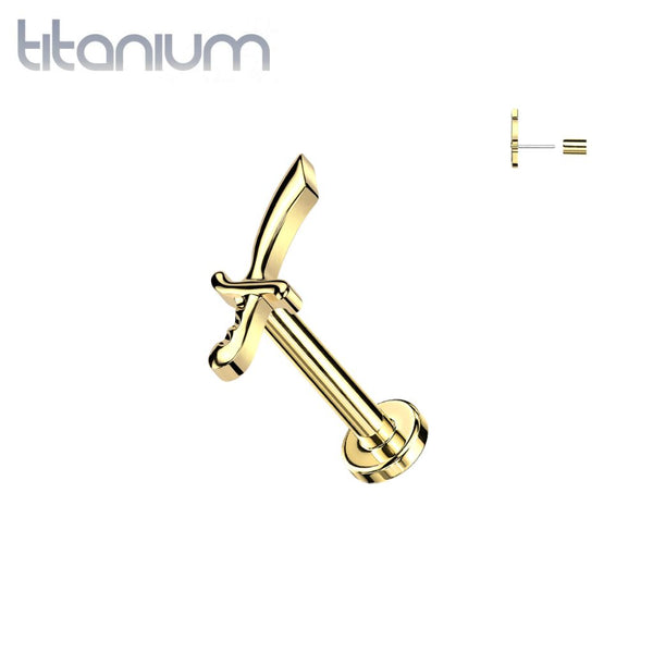 Implant Grade Titanium Gold PVD Threadless Push In Dainty Sword Dagger Top Labret With Flat Back - Pierced Universe