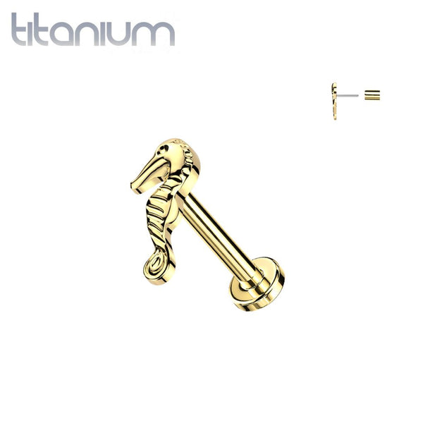 Implant Grade Titanium Gold PVD Threadless Push In Dainty Seahorse Top Labret With Flat Back - Pierced Universe
