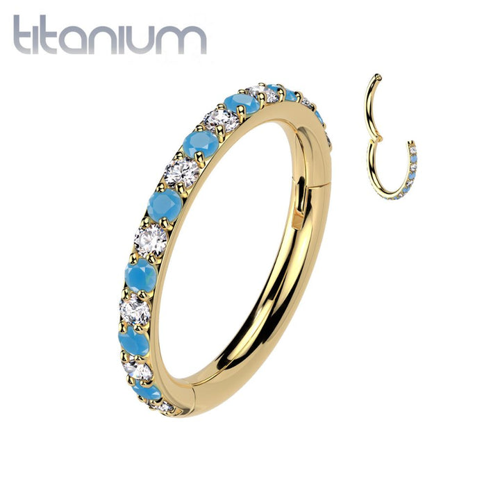 Implant Grade Titanium Gold PVD Aqua White CZ Pave Hinged Helix Clicker Hoop - Pierced Universe