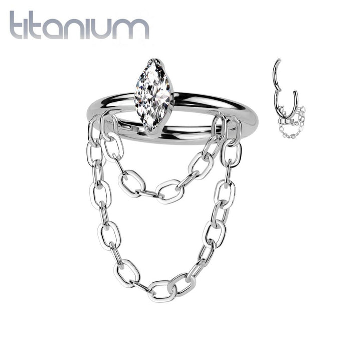 Implant Grade Titanium White CZ Marquise Gem With Chain Helix Hinged Clicker Hoop - Pierced Universe