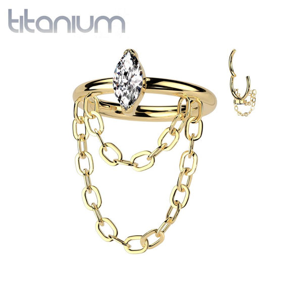 Implant Grade Titanium Gold PVD White CZ Marquise Gem With Chain Helix Hinged Clicker Hoop - Pierced Universe