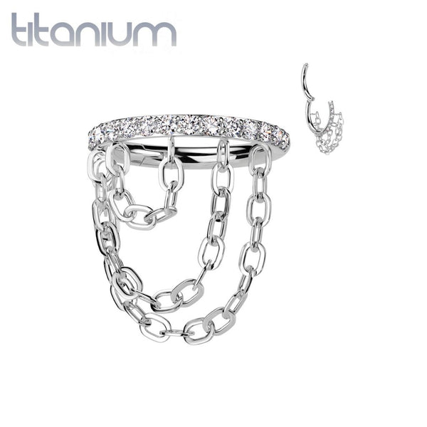 Implant Grade Titanium White Pave CZ Triple Chain Dangle Hinged Clicker Hoop - Pierced Universe