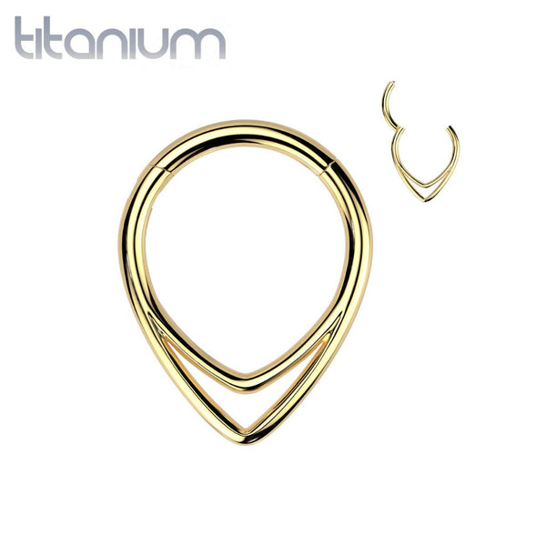 Implant Grade Titanium Gold PVD Double V Shaped Septum Ring Clicker Hoop - Pierced Universe