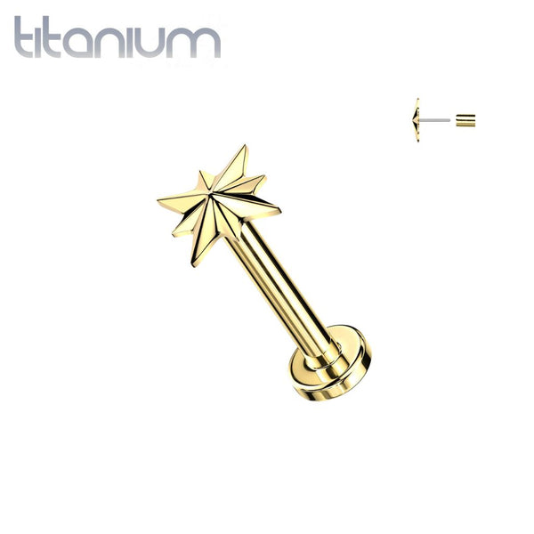 Implant Grade Titanium Gold PVD Large Starburst Ridged Push In Threadless Labret With Flat Back - Pierced Universe