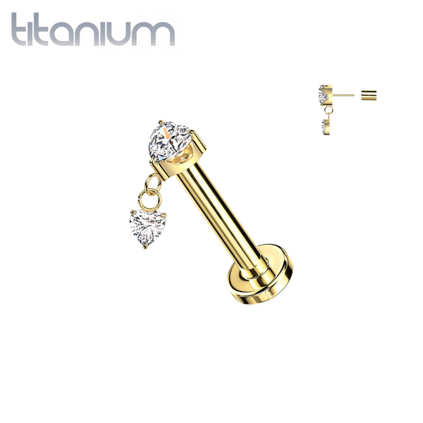 Implant Grade Titanium Threadless Gold PVD Push In Large White CZ Heart Dangle Nose Ring With Flat Back