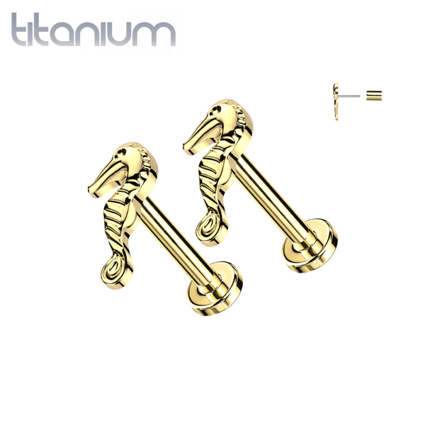 Implant Grade Titanium Gold PVD Seahorse Threadless Push In Earrings With Flat Back