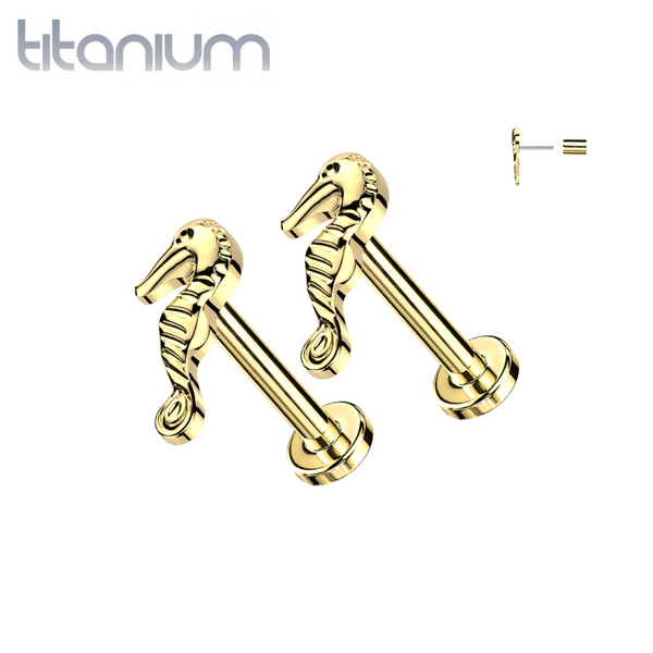 Pair of Implant Grade Titanium Gold PVD Seahorse Threadless Push In Earrings With Flat Back Pair of Implant Grade Titanium Gold PVD Seahorse Threadless Push In Earrings With Flat Back