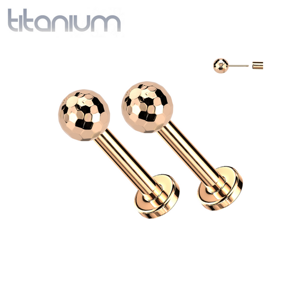 Pair of Implant Grade Titanium Rose Gold PVD Glitter Ball Threadless Push In Earrings With Flat Back