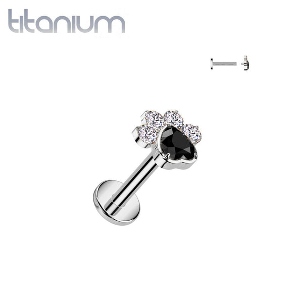 Implant Grade Titanium White & Black CZ Gem Paw Print Internally Threaded Flat Back Labret