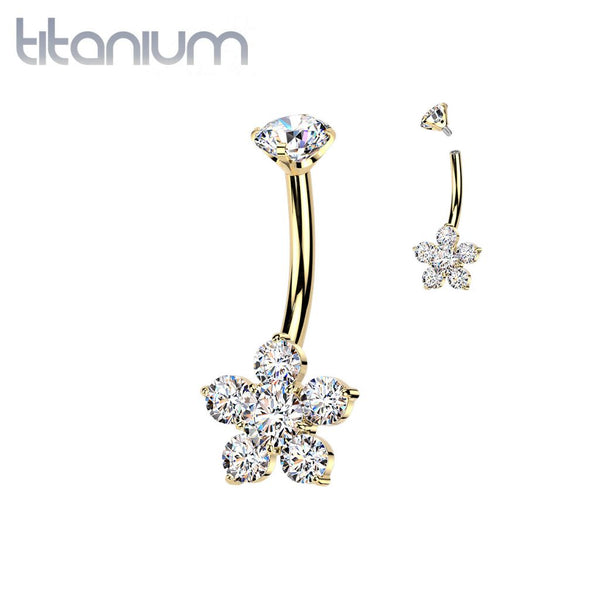 Implant Grade Titanium Gold PVD White CZ 5 Petal Flower Internally Threaded Belly Ring - Pierced Universe