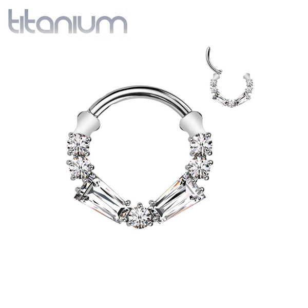 Implant Grade Titanium White CZ Baguette Gem Hinged Clicker Hoop