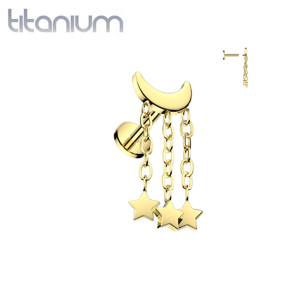 Implant Grade Titanium Gold PVD Internally Threaded Crescent Moon With Star Dangles Flat Back Labret Implant Grade Titanium Gold PVD Internally Threaded Crescent Moon With Star Dangles Flat Back Labret