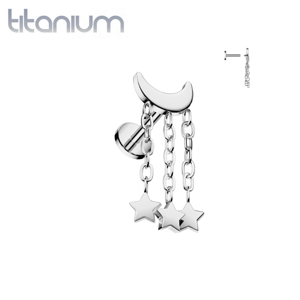 Implant Grade Titanium Internally Threaded Crescent Moon With Star Dangles Flat Back Labret