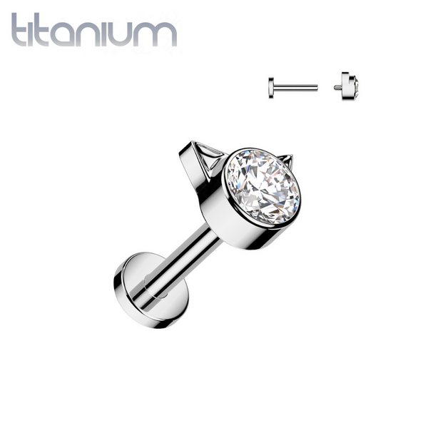 Implant Grade Titanium White CZ Cat Internally Threaded Flat Back Labret