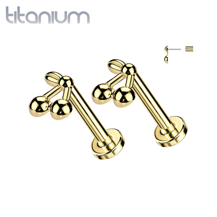 Pair of Implant Grade Titanium Threadless Gold PVD Cherry Push In Earrings With Flat Back - Pierced Universe