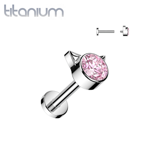 Implant Grade Titanium Pink CZ Cat Internally Threaded Flat Back Labret Implant Grade Titanium Pink CZ Cat Internally Threaded Flat Back Labret