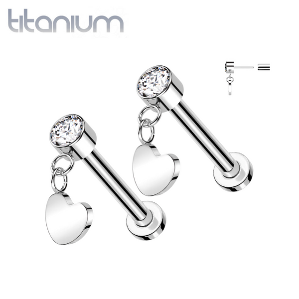 Pair of Implant Grade Titanium White CZ Heart Dangle Threadless Push In Earrings With Flat Back