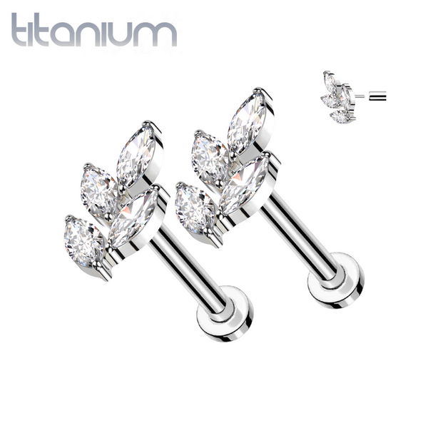 Pair of Implant Grade Titanium Threadless Large White CZ Leaf Push In Earrings With Flat Back