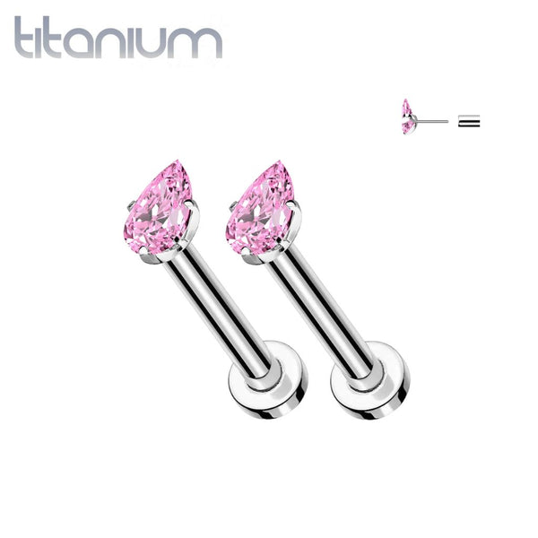 Pair of Implant Grade Titanium Pink CZ Teardrop Gem Push In Earrings With Flat Back - Pierced Universe