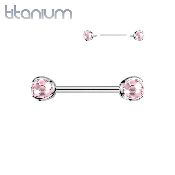 Implant Grade Titanium Pink CZ Faceted Gem Ball Internally Threaded Straight Barbell