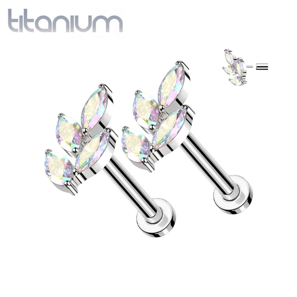 Pair of Implant Grade Titanium Threadless Large AB CZ Leaf Push In Earrings With Flat Back - Pierced Universe