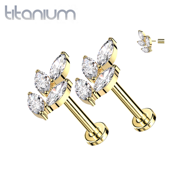 Pair of Implant Grade Titanium Threadless Gold PVD Large White CZ Leaf Push In Earrings With Flat Back