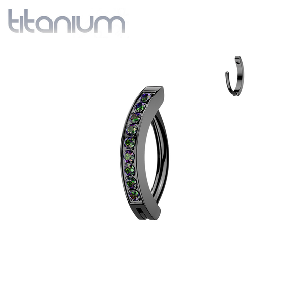 Implant Grade Titanium Black PVD Vitrail Medium CZ Pave Hinged Clicker 16ga Curved Barbell