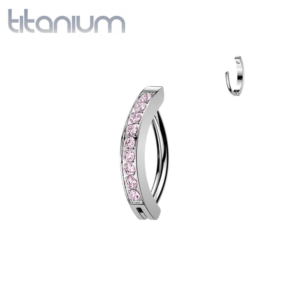 Implant Grade Titanium Pink CZ Pave Gem Hinged Clicker 16ga Curved Barbell