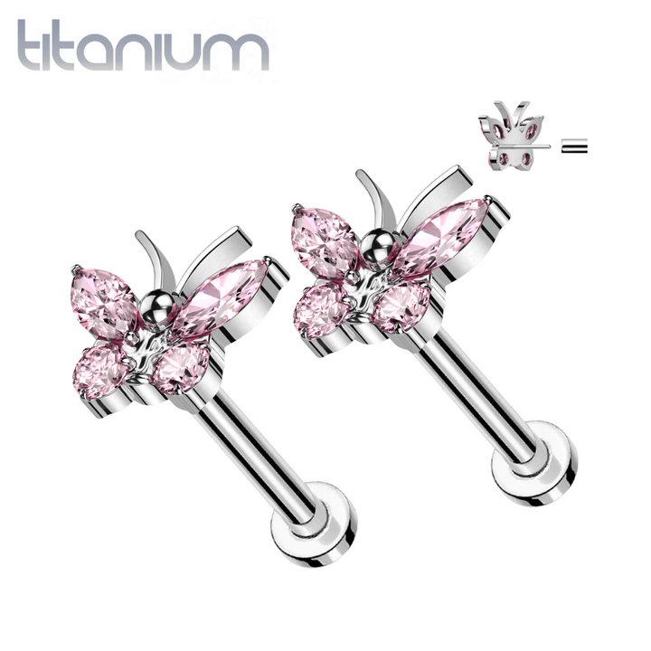 Pair of Implant Grade Titanium Pink CZ Large Butterfly Threadless Push In Earrings With Flat Back - Pierced Universe