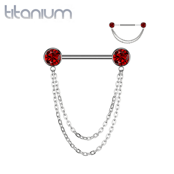 Implant Grade Titanium Red CZ Bezel Chain Dangle Threadless Push In Straight Barbell Nipple Ring Implant Grade Titanium Red CZ Bezel Chain Dangle Threadless Push In Straight Barbell Nipple Ring