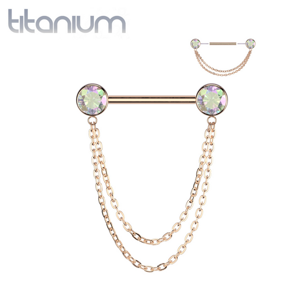 Implant Grade Titanium Gold PVD White CZ Bezel Chain Dangle Threadless Push In Straight Barbell Nipple Ring Implant Grade Titanium Gold PVD White CZ Bezel Chain Dangle Threadless Push In Straight Barbell Nipple Ring